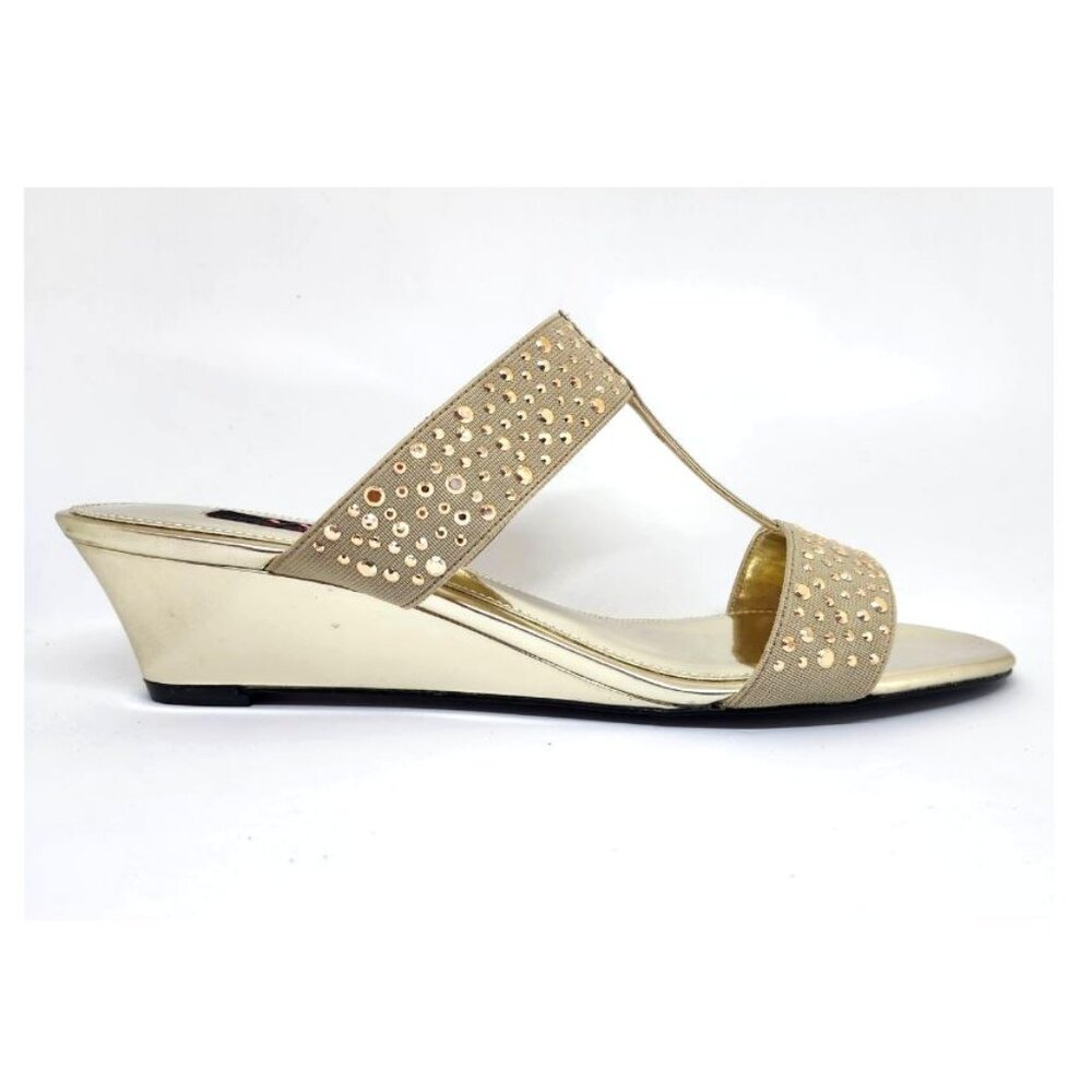 Nina Women's Gold Elastic Wedge Sandal W/Gold Rhinestones Size 7.5